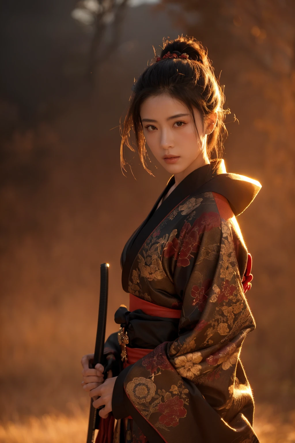 A beautiful female samurai warrior, detailed facial features, stunning kimono, elegant posture, intricate armor, sharp katana, dramatic lighting, mist-shrouded feudal Japanese landscape, cinematic composition, vibrant colors, masterpiece, (best quality,4k,8k,highres,masterpiece:1.2),ultra-detailed,(realistic,photorealistic,photo-realistic:1.37),stunning digital art, dramatic lighting, warm color palette