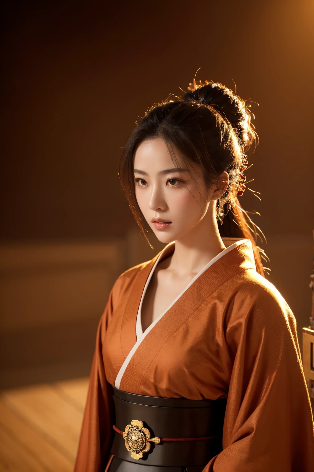 A beautiful female samurai warrior, detailed facial features, stunning kimono, elegant posture, intricate armor, sharp katana, dramatic lighting, mist-shrouded feudal Japanese landscape, cinematic composition, vibrant colors, masterpiece, (best quality,4k,8k,highres,masterpiece:1.2),ultra-detailed,(realistic,photorealistic,photo-realistic:1.37),stunning digital art, dramatic lighting, warm color palette