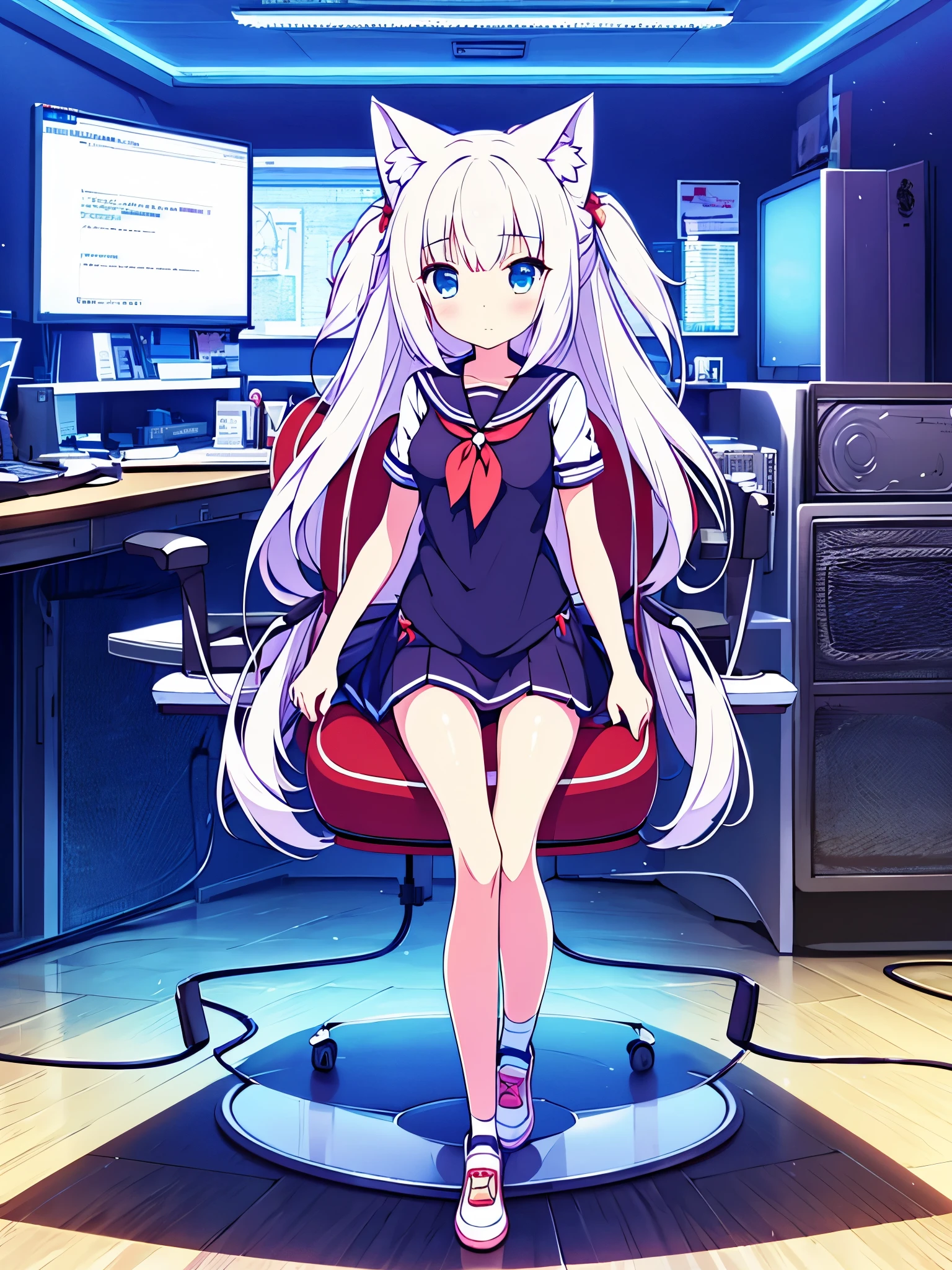 1 beautiful girl, great image quality ,nekomimi, with lots of detail, ray tracing, in a gaming,outfit anime, long stockings, blue eyes, white hair, , in a neon room, PC gaming, perfect anatomy, full body.