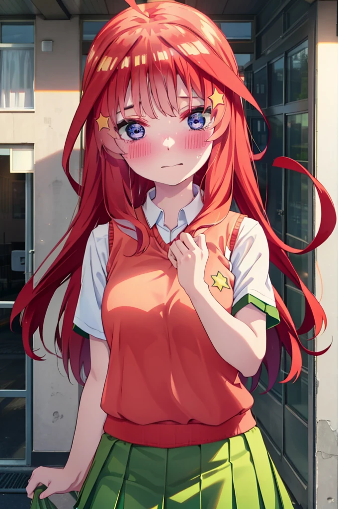 itsukinakano, itsuki nakano, bangs, blue eyes, Hair between the eyes, Ahoge, Redhead, star \(symbol\), hair ornaments, star hair ornaments,Tears stream down her face,Tears of joy,I cry a lot,blush,
skirt, shirt , clavicle, white shirt, Short sleeve, Pleated skirt, socks, collared shirt, mini skirt, Knee-high, white socks, (Green Skirt:1.5), Sweater vest, (red Sweater vest:1.5),Black Loafers,Sunset,evening,The sun is setting,whole bodyがイラストに入るように,
break outdoors, Back of the school building,
break looking at viewer, whole body,
break (masterpiece:1.2), Highest quality, High resolution, unity 8k wallpaper, (figure:0.8), (Beautiful attention to detail:1.6), Highly detailed face, Perfect lighting, Highly detailed CG, (Perfect hands, Perfect Anatomy),