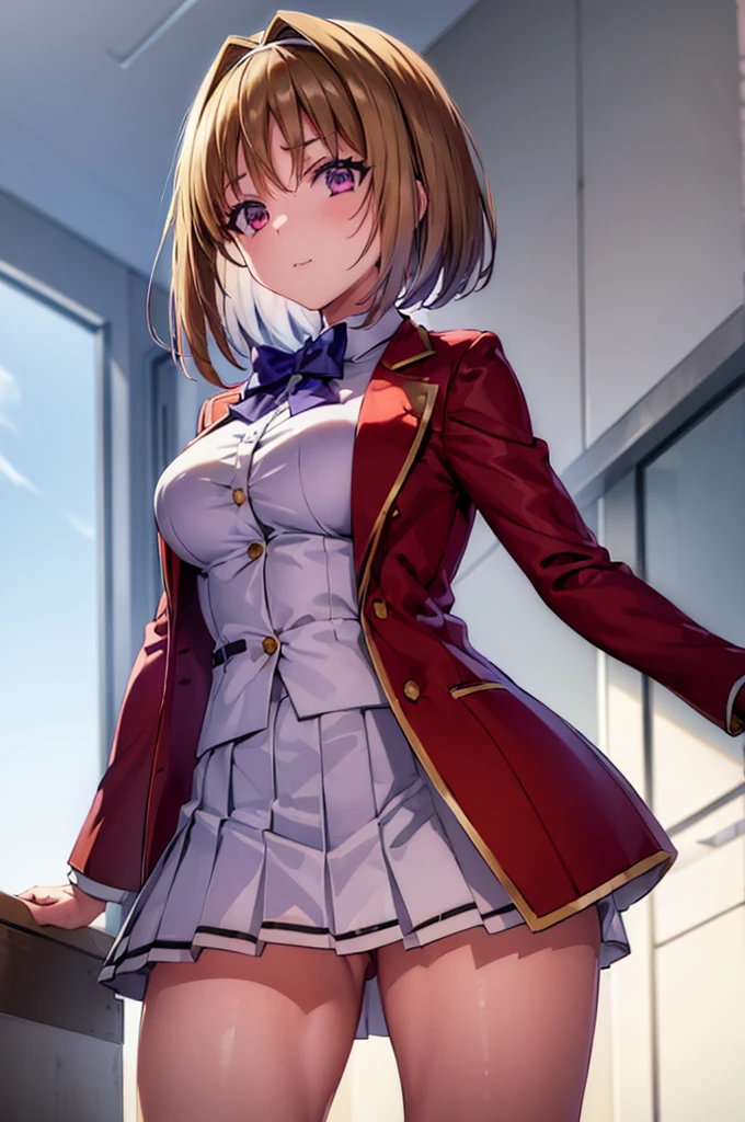 (masterpiece, best quality:1.5), (ultra detailed:1.4), super fine illustration, perfect anatomy, 8k portrait,
1girl,
Kushida Kikyou,
Kushida Kikyou \(youjitsu\),
short hair,
bronze hair,
(purple eyes:1.2), small eyes,
blue bow, hairband,
large breasts,
, red jacket, long sleeves, white skirt, pleated skirt, black calf socks,
seductive pose,
looking at viewer,
cowboy shot,
perfect light,