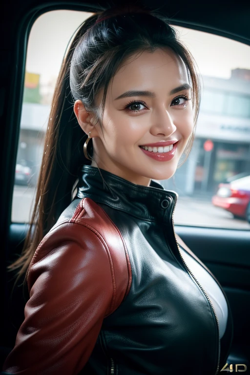 a gorgeous middle-aged busty woman, ponytail, leather jacket, lady bikers, beautiful smile showing teeth, pov, lover, cinematic lighting, (best quality,4k,8k,highres,masterpiece:1.2),ultra-detailed,(realistic,photorealistic,photo-realistic:1.37),HDR,UHD,studio lighting,ultra-fine painting,sharp focus,physically-based rendering,extreme detail description,professional,vivid colors,bokeh,portrait,photorealistic,cinematic,dramatic lighting