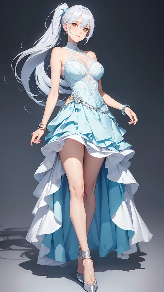 Beautiful woman, full body, two legs, two arms, light blue elegant dress, silver hair, long ponytail hair, white skin, orange eyes, bare arms, bare legs, standing, silver heels, smiling face, golden bracelet on ankle