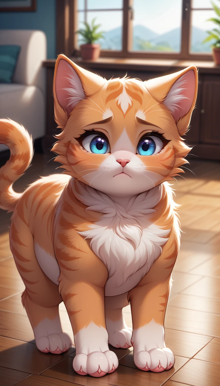 A cute, chubby orange tabby cat with big, sad eyes stands on a tiled floor. The cat has fluffy fur with white and orange stripes, and small, rounded paws. It is indoors, with a blurred background showing some furniture and possibly a window. The lighting is warm, creating a cozy atmosphere, and the cat's expression is adorably sad and innocent.