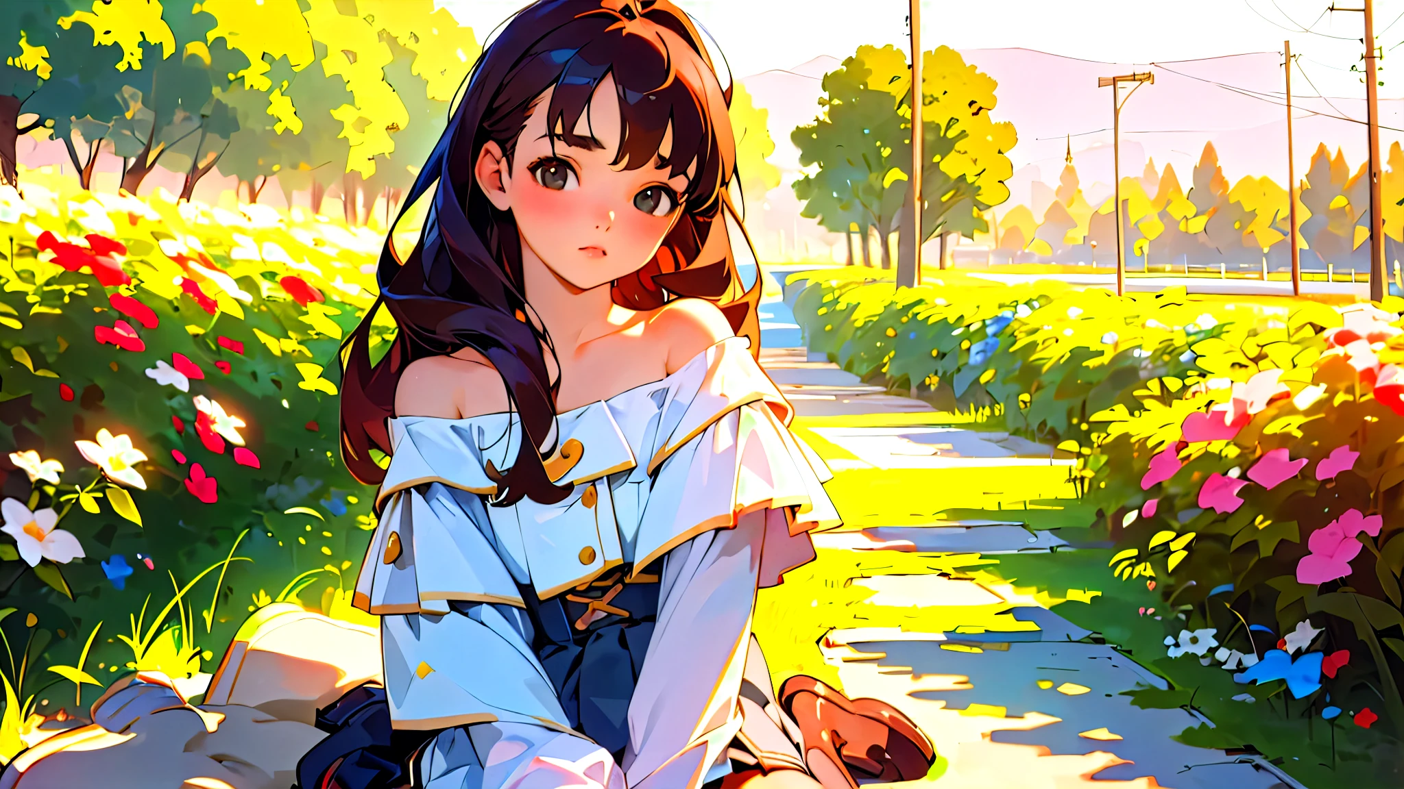 (Highest quality, masterpiece, Ultra-realistic), Beautiful and delicate１５Year-old girl portrait, With a calm and gentle expression, Model for painting、Background landscape is park at sunset、Off the shoulder、Miniskirt、Black Stockings、Retro feel