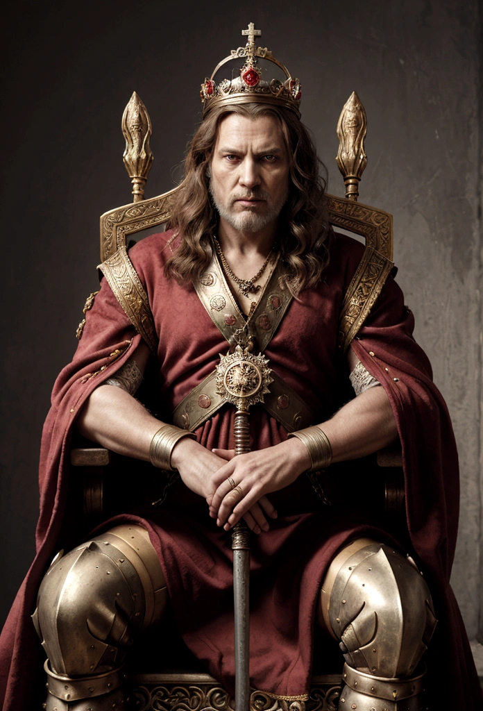 A regal figure sits on an ornate throne, wearing a crown and a fur-trimmed red robe. He has an intense expression, with his right hand resting on a sword and his left hand adorned with a ring. The attire is detailed with metallic armor and a large, elaborate medallion hangs around his neck. The background is dark, emphasizing the richness of his clothing and the ornate details of the throne. a painting of a man sitting on a throne with a crown on his head and, portrait of medieval old king, portrait of a medieval old king, medieval old king, king Richard the lionheart, great king of Stovokor, fantasy portrait art, epic fantasy art portrait, portrait of a king, medieval portrait, epic rpg portrait, fantasy art portrait, epic character portrait, fantasy concept art portrait, fantasy male portrait, highly detailed 4 k painting, renaissance digital painting, royal portrait painting, epic portrait, medieval poster, epic game portrait. crafted image of a man in a red robe and a crown, the great king of Stovokor, medieval old king, portrait of a medieval old king, portrait of a medieval old king, portrait of a king, Martin ansin artwork portrait, Tuomas Korpi and wallop, portrait of the emperor of mankind, epic fantasy art portrait, by Roman Bezpalkiv.