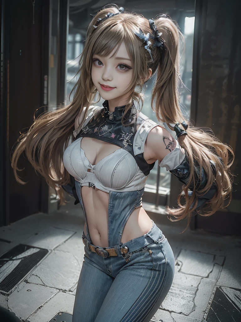 (Full Body View:1.3)、(Side view:1.1)、(Smiling with teeth showing:1.3),(Shibuya Gal:1.5)、(Gothic ta style fashion:1.5)、(Punk RockVisual Kei:1.5)、(Wearing a rhythmic gymnastics bodysuit with intricate details:1.4)、(Racing suit and pants with intricate decorations in white, denim and charcoal:1.5)、(Denim and light blue and white boots:1.3)、((belt))、(Numerous delicate logo marks all over the costume:1.4)、(collar:1.3)、(Striped underwear:1.5)、20-year-old、NSFW、((Highest quality、In 8K、masterpiece:1.3))、Sharp focus:1.2、(Layered Cut、Huge boobs:1.1),Beautiful woman with perfect figure:1.4、(Doing an aerobics pose:1.3)、Slender Abs:1.2、Highly detailed face and skin texture、Detailed eyes、double eyelid,(Twin tails:1.3)、(Brown-golden hair:1.3)、Gravure idol、(The background is a beautiful crystal underground palace:1.3)、(Slim body:1.3),(Make your legs thinner:1.4),(Thin thighs:1.1)、(clavicle:1.1)