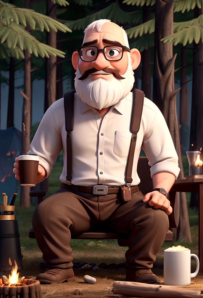 white man,black framed glasses , bald, bearded spartan type sitting with coffee mug in hand next to the tent looking at the bonfire with the forest around
