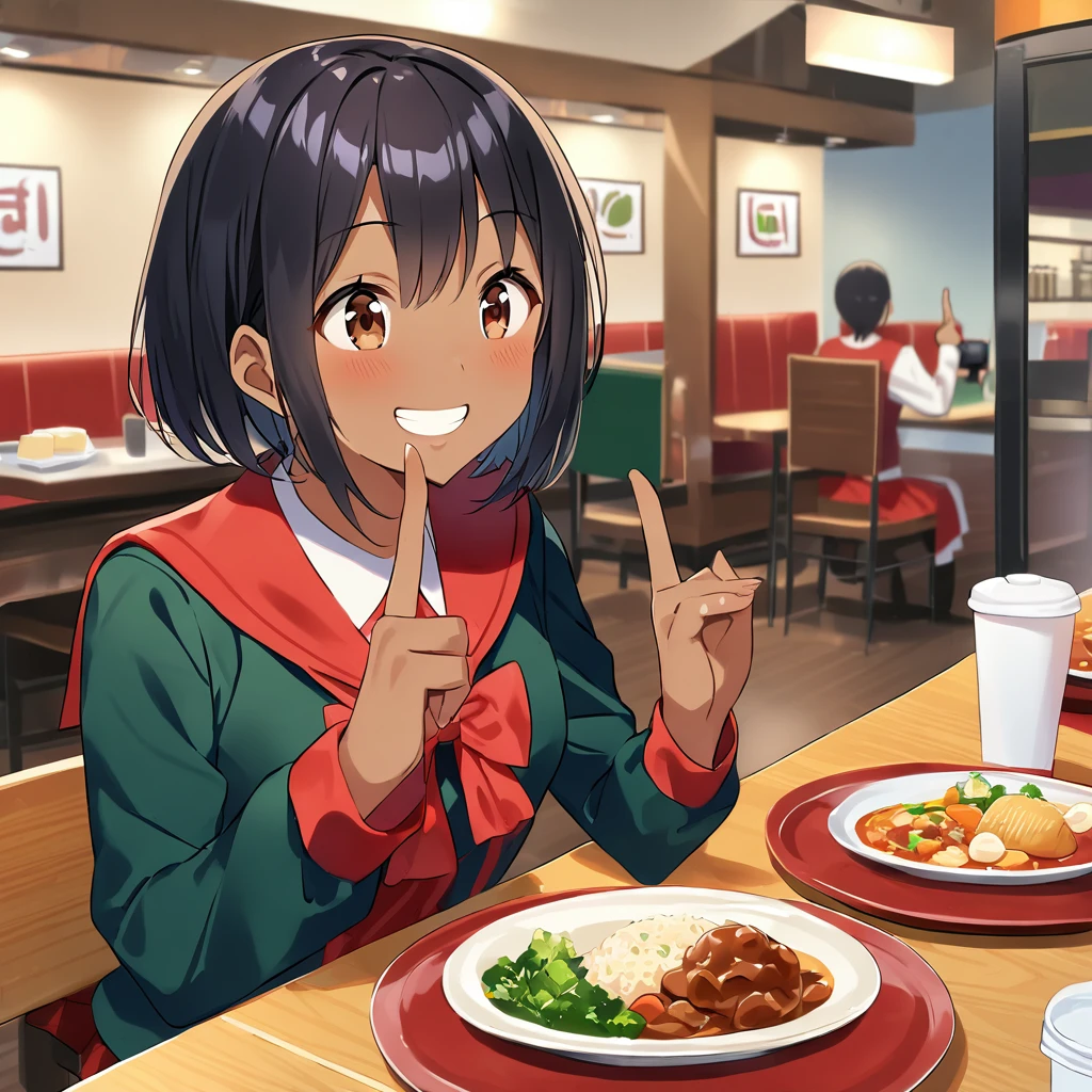 A confident smile, Taking photos at a restaurant on the way home from school,Sounds like fun,短いBlack Hair, Brown eyes,Brown Skin,2 students、Use a gesture commonly associated with the peace sign when speaking (Tele from the restaurant), skirt, Black Hair, indoor, meal, shirt, ((((Complete faithful finger))))