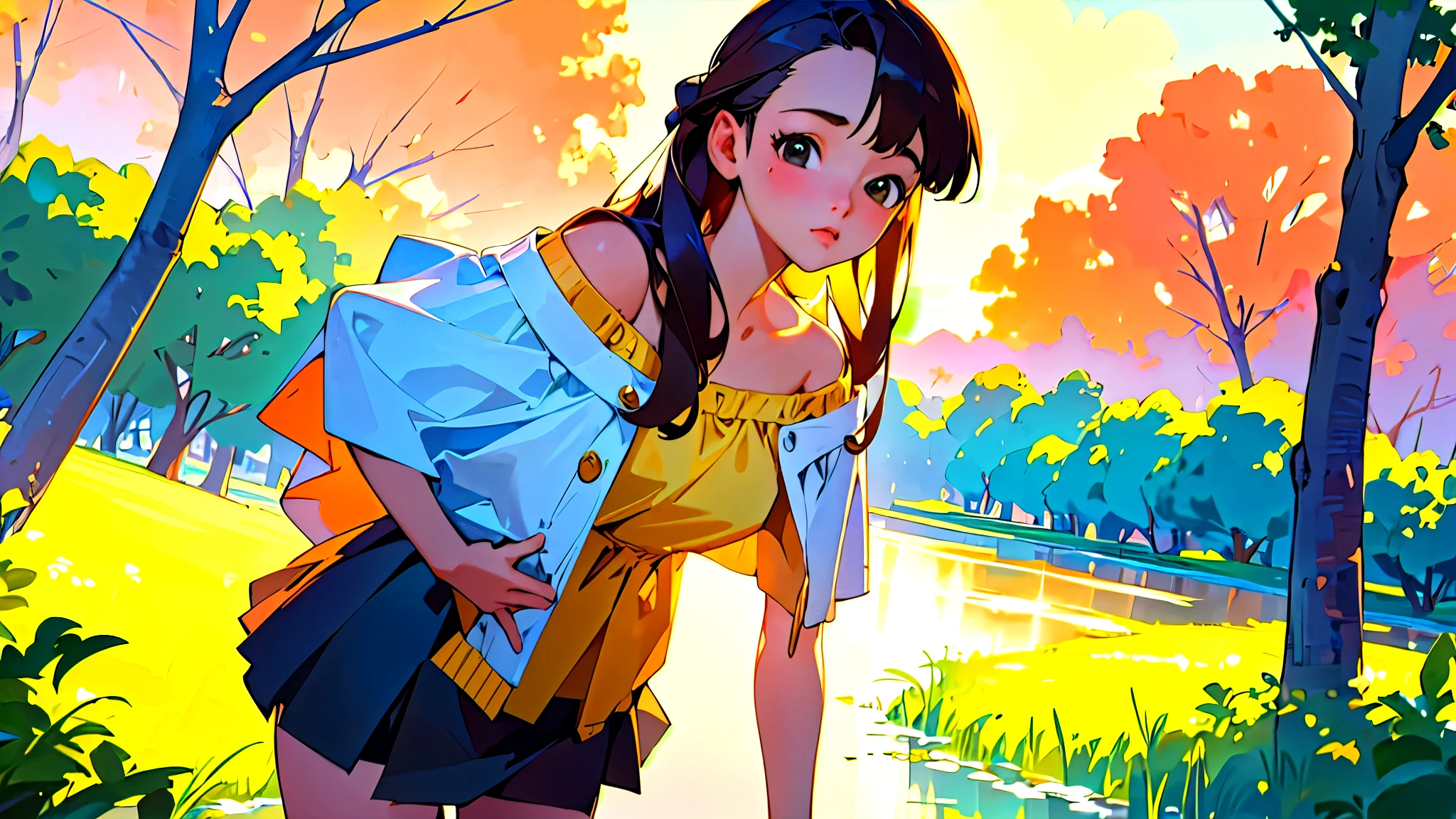 (Highest quality, masterpiece, Ultra-realistic), Beautiful and delicate15Year-old girl portrait, With a calm and gentle expression, Model for painting、Background landscape is park at sunset、Off the shoulder、Miniskirt、Black Stockings、Retro feel