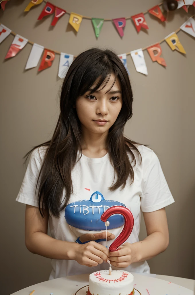 a mother asia long hair, and boy short hair her 4  son, holding a birthday cake that says "Aska Timotius", the candle is in the shape of the number 4, background ballon happy birthday, detail, photography, 4k