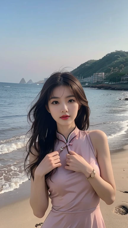 1 Girl,Beach,Soft Light,Chinese Beauty,cheongsam,Dark-haired,long hair