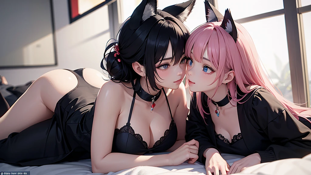Main color: black Sub color: red Touch color: blue。Light pink hair。Wolf ears。Short updo hairstyle。Costumes watered。Young girl body。Kissing Face、Shyness、smile、Looking up。A pose to seduce a man。Side angle cleavage close up。