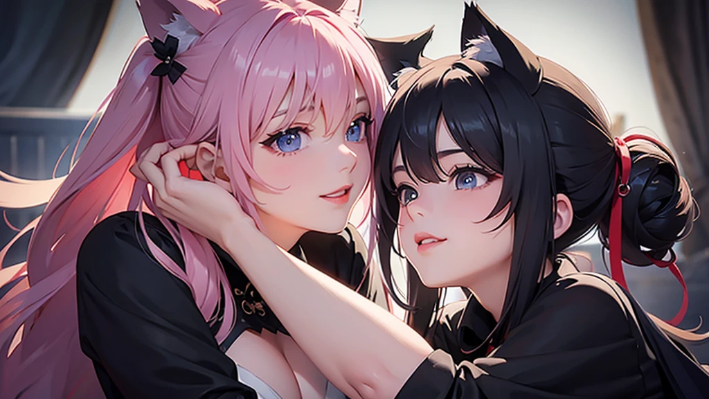 lesbian, lesbian sex, french kiss, kissing, sweat, wet, forest, night, naked, animal ears, pearcing, tattoos, body paint, face painting, glowing eyes, feathers, wings, pussy, titts, nipples, sweat, ahri, xayah, league of legends, fangs, orgasm