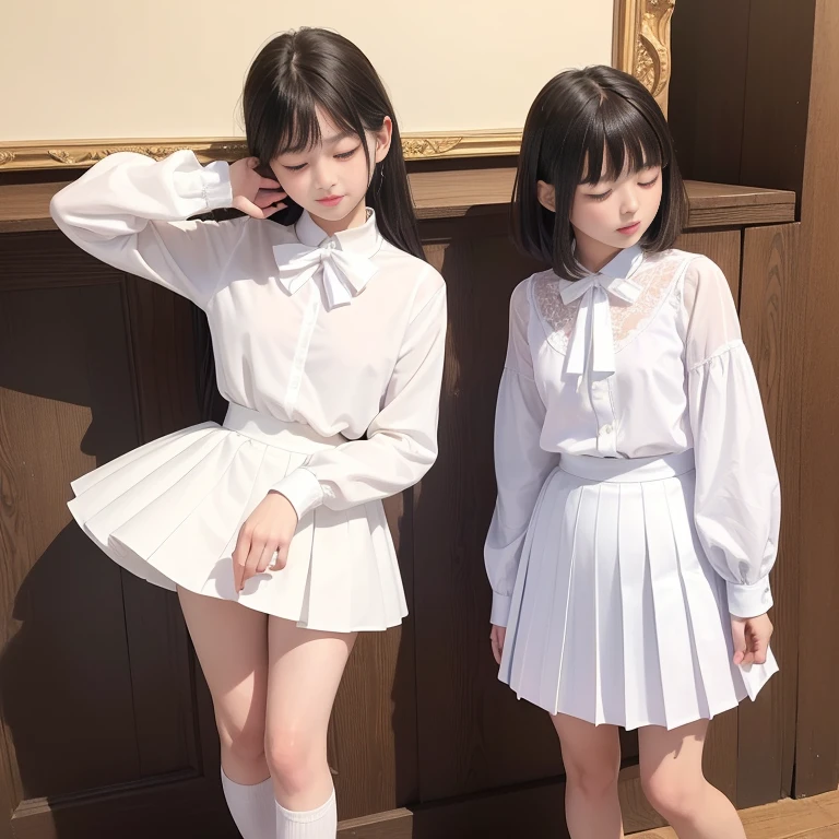 (masterpiece、Highest quality:1.7)、(13 years old:1.5)、(Two girls are pictured:1.8)、(Above the knee shot:1.5)、Bobcut、Black Hair、85mm、16K、Official Art、RAW Photos、Best Beautiful Faces、Close-up、Violet、Gardenia、The best beautiful girl、very cute、Red blush on cheeks、indoor、(Are standing:1.8)、Film Grain、Chromatic Aberration、Sharp Focus、(((Nice hands、Perfect hands、Perfect Fingers、Thin and delicate fingers、A perfect body without flaws)))、Detailed face、(Slender body:1.5)、(Slender body:1.4)、(Small breasts:1.7)、(Let your bangs hang down:1.8)、(Blushing:1.8)、(Low contrast lighting:1.2)、(White tight business blouse with collar:1.5)、(White bow tie blouse:1.3)、(Long sleeve: 1.3)、(White pleated mini skirt:1.5)、(White School Socks:1.5)、(Eyes closed:1.5),(Put your hands up each other's skirts:1.7)