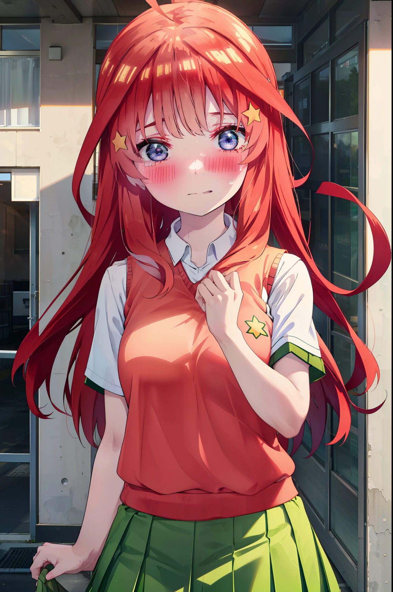 itsukinakano, itsuki nakano, bangs, blue eyes, Hair between the eyes, Ahoge, Redhead, star \(symbol\), hair ornaments, star hair ornaments,Tears stream down her face,Tears of joy,I cry a lot,blush,
skirt, shirt , clavicle, white shirt, Short sleeve, Pleated skirt, socks, collared shirt, mini skirt, Knee-high, white socks, (Green Skirt:1.5), Sweater vest, (red Sweater vest:1.5),Black Loafers,Sunset,evening,The sun is setting,whole bodyがイラストに入るように,
break outdoors, Back of the school building,
break looking at viewer, whole body,
break (masterpiece:1.2), Highest quality, High resolution, unity 8k wallpaper, (figure:0.8), (Beautiful attention to detail:1.6), Highly detailed face, Perfect lighting, Highly detailed CG, (Perfect hands, Perfect Anatomy),