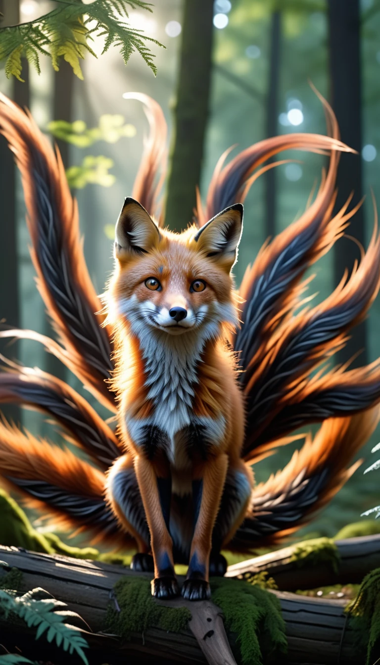 Panorama,A wild beast in the forest,Looks like a fox and has nine tails,Mysterious Creatures, shrike, (best quality,4K,8K,High level,masterpiece:1.2),Ultra Detailed,(lifelike,Photo real,Photo real:1.37),Highly detailed animals,Complex patterns,Realistic lighting,Fantasy Creatures