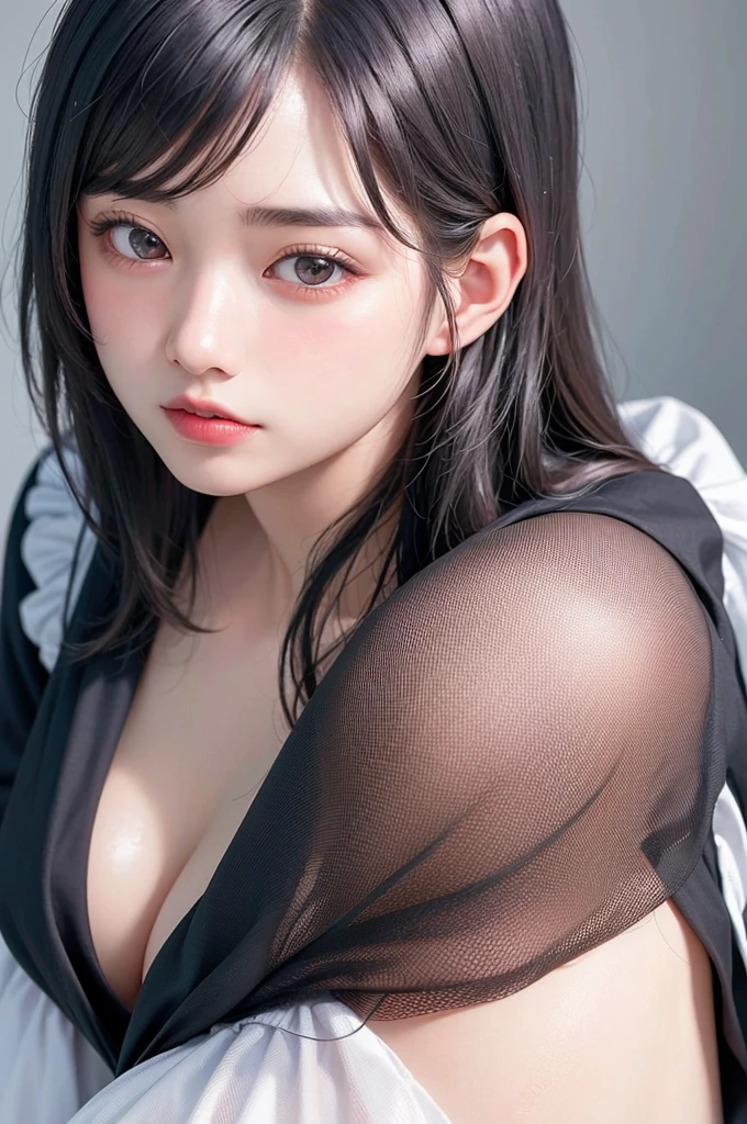 (1 nogizaka girl,15years old face,raw photo,photo realistic:1.5),(best quality, high quality,HDR, highest quality,ultra high resolution,high resolution,high res,ultra high difinition,huge file size,8K,2K wallpaper,8K wallpaper,high quality texture,amazing,an extremely delicate:1.4),one girl, Japanese famous idol,cute face,small face,absurd,ridiculous,incredibly ridiculous,blurry background,(maid costume,short hair,cleavage,no makeup:1.2),medium skin,beautiful skin,detailed skin,black hair,silky hair,black eyes,Japanese nose,5-fingers,(Light Particles, Lens Flare, Luminous Particles: 0.7),looking at viewer,bright lighting,professional lighting,girl