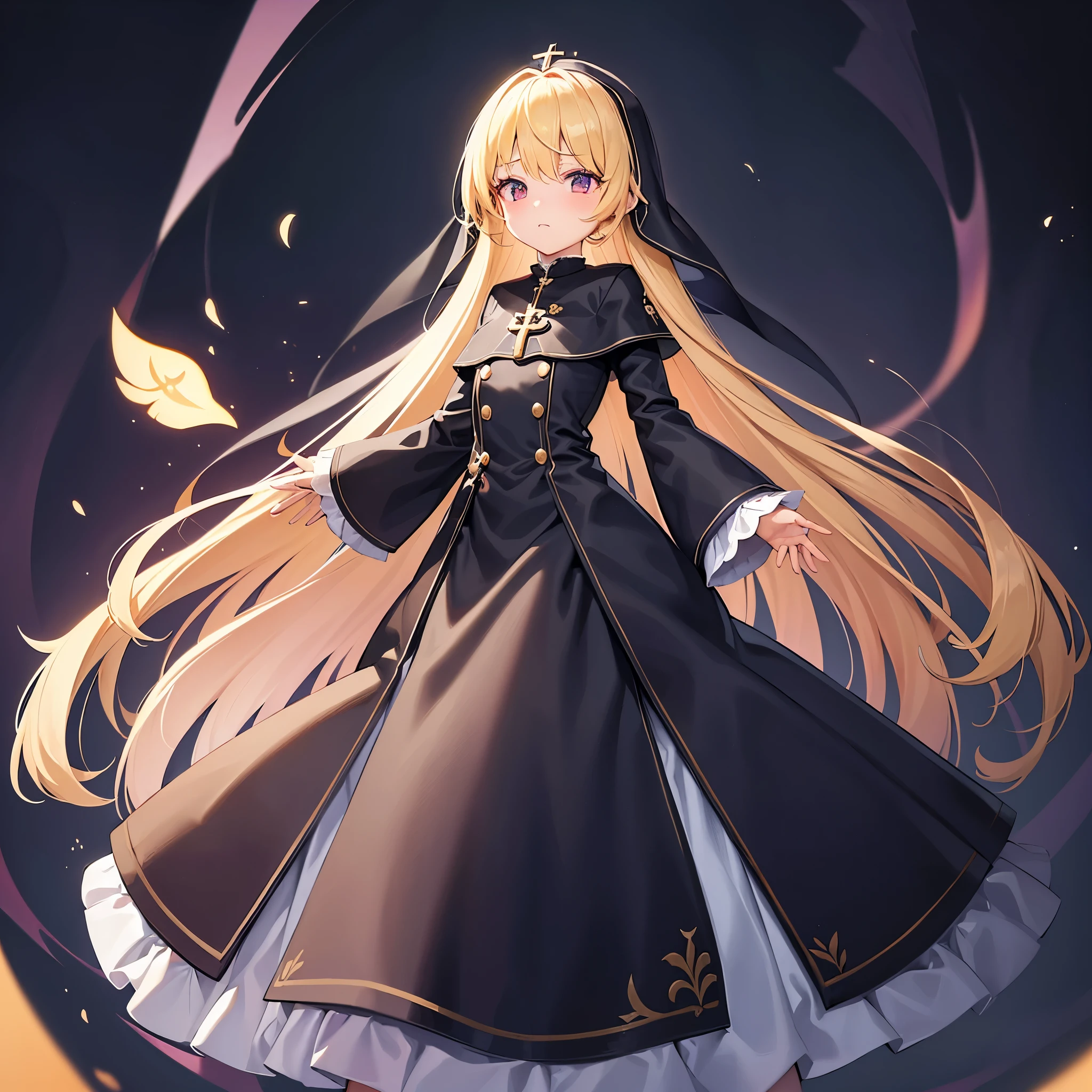 ((Priest)),Veil,Cute little loli,Tiny Lori,Small girl,,Childish face, Very fine clean face,Top quality, Big eyes,Straight Hair,Yellow hair,Crimson Eye,(Dark Room), Subtle light, Natural light,Soft lighting,Light from directly behind, (Are standing), Cute pose, Open your hands, Showing the whole body,Front view,Black background