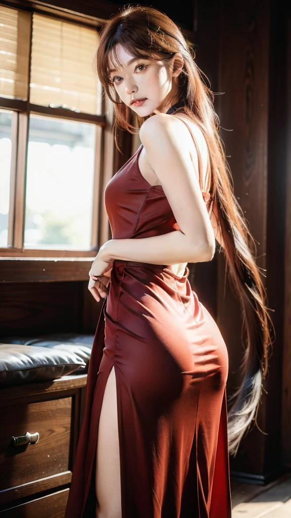 masterpiece,best quality,high quality,highres,offical art,HDR,UHD,sharp focus,extreme detail description,Professional,8k,cg,
beautiful young catgirl with long cat tail coming from lower back, long red hair, cat ears and bright green eyes. standing at only 5'4, but has a athletic figure. she has soft features and a gentle disposition, but she seems to have been through a lot in her life. she wears a simple yet elegant red long dress that has slits to see leg.