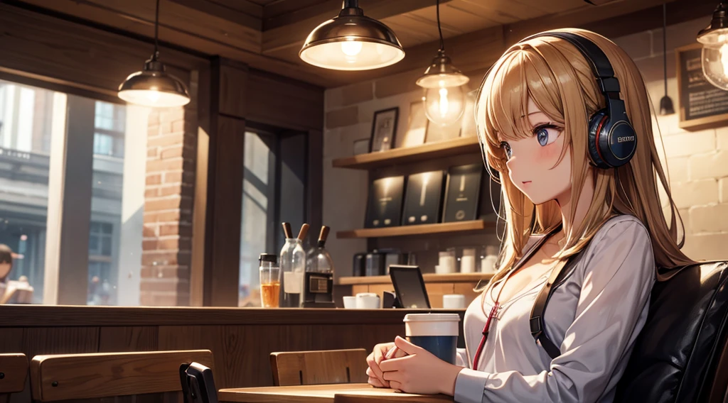 Girl with headphones enjoying music in a cafe I am studying Emphasize a little bit of the chest