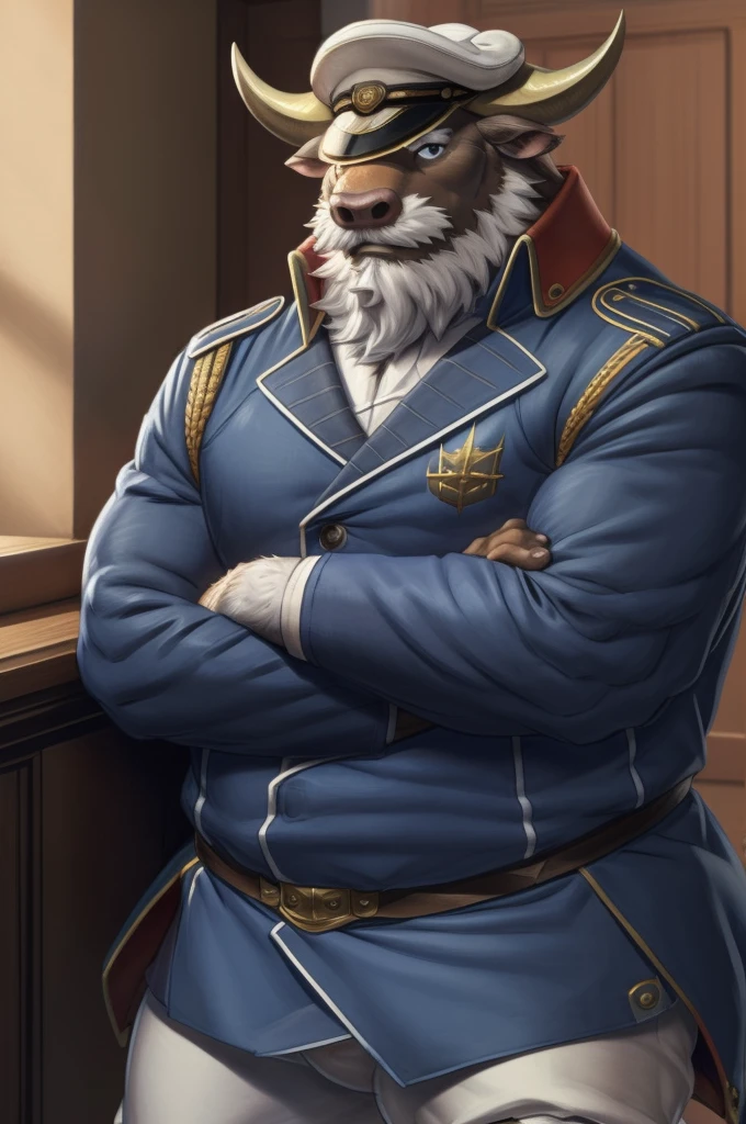 by zackarry911, by zaush, (by personalami:0.5), (1 boy), One, Ahab, bull, brown fur, Two horns, white horns, white beard, pants, uniform, military, military uniform, peaked cap, Men's Second, kemono, hot body, muscle, Beautiful, sexual, Attractive guy, (Detailed black eyes), brows, (masterpiece, A high resolution, Best quality), 4K, a male, Ahab portrait, Beautiful shadow,