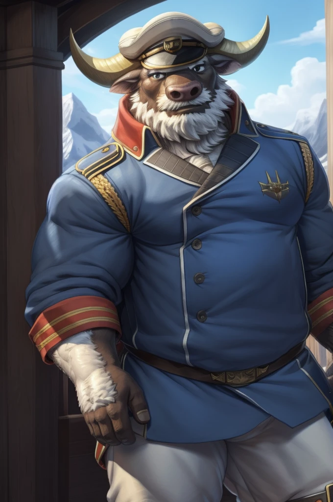 by zackarry911, by zaush, (by personalami:0.5), (1 boy), One, Ahab, bull, brown fur, Two horns, white horns, white beard, pants, uniform, military, military uniform, peaked cap, Men's Second, kemono, hot body, muscle, Beautiful, sexual, Attractive guy, (Detailed black eyes), brows, (masterpiece, A high resolution, Best quality), 4K, a male, Ahab portrait, Beautiful shadow,