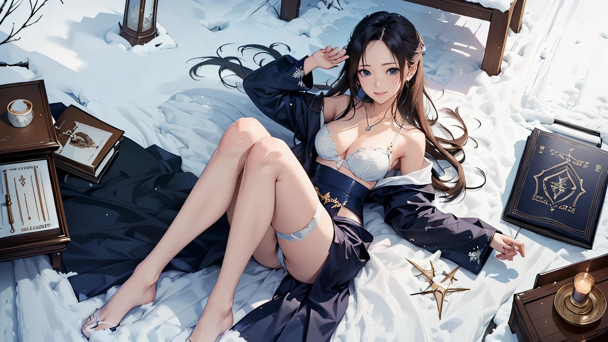 ((Biologically correct limb count))、((Full Body Shot, Full-body photo including face、Head to toe photos))、4K、masterpiece、((Focus on the face))、((Symmetrical features))、Eyes of meticulous depiction、One beautiful woman、Excellent style、((Pantieras、Garter belt and garter stockings、High heels))、Detailed Description、Small earrings、necklace、Low - Angle、Looking up、The moment she lowered her pants in a navy blue wedding dress、(((足のBook数は2Book)))、Posing in the snow、smile