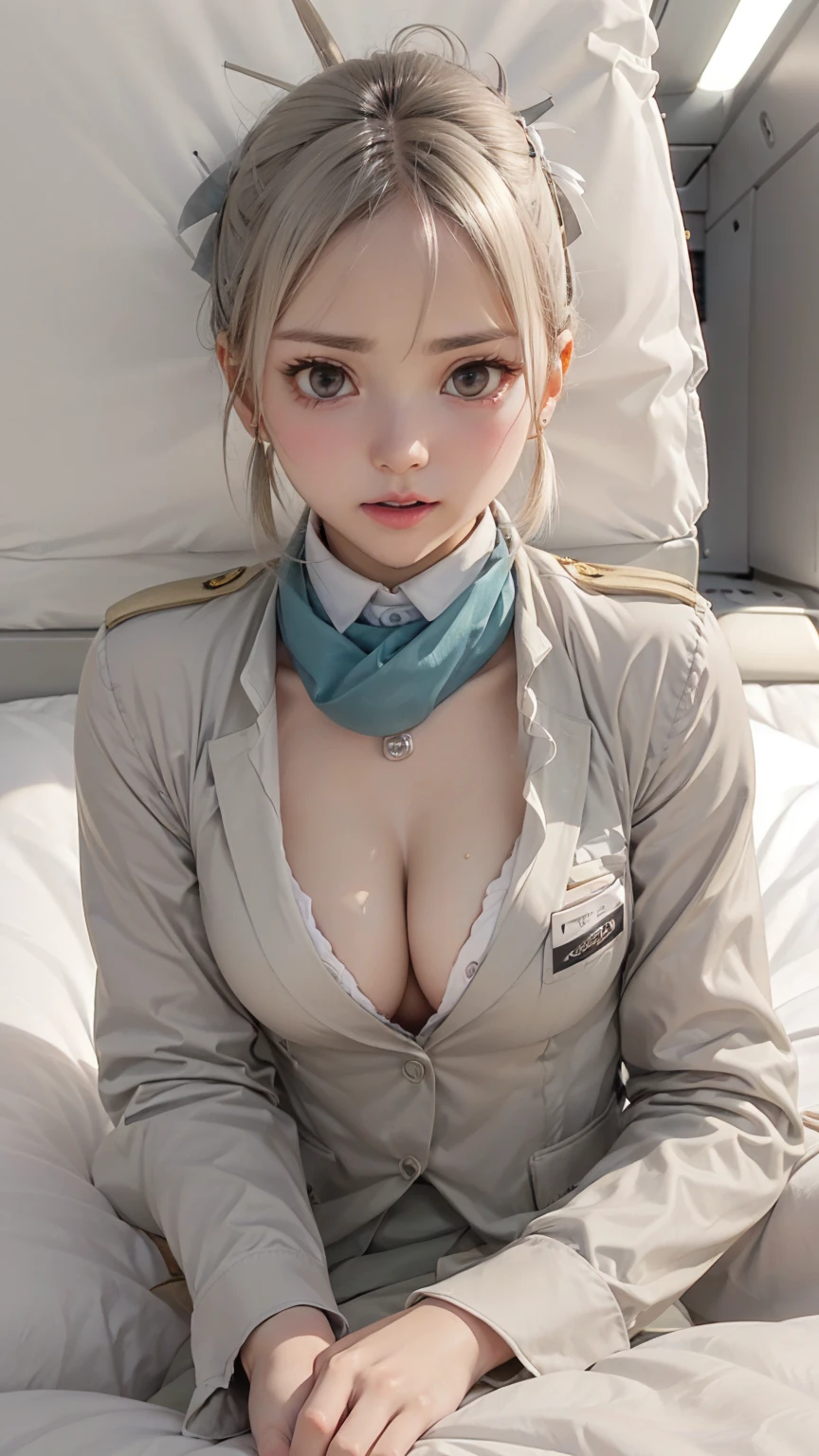 (masterpiece: 1.3), (Maximum resolution: 1.2), (Ultra HD TV: 1.2), Cinematic Light, 8K resolution, Detailed facial features , (Sharp focus: 1.2), (Focus on the face:1.2),Perfect Style, Beautiful Face, Acura, Anatomically correct, Highly detailed face and skin quality感, Beautiful Eyes,ThroughkBright Eyes, Natural Cheeks, Glowing Skin, (Glossy Lips: 1.4),、 (A shameful expression: 1.2),Highly detailed face and skin quality, Natural Cheeks, , Glossy Lips,Exposed cleavage、(White mucus on chest:1.6)(White mucus on thighs:1.6)、 blush、Humiliating、shame、Please open your knees、dissatisfaction、anger、tears、sorrow、Glaring at the camera、Spread your legs、 White underwear、White bra、Sparkly little earrings and necklace、Disheveled clothes、Exposed panties、stockings、Drenched in sweat、Thin underwear、Wet underwear、stockings 、Long Hair、32 years old, Clean woman,1 person、 first class cabin、On the bed(On my back, Lying down in bed, Lying down in bedいる, Lying down, White sheets:1.3)、blonde、Silver Hair、Black brown hair、Blue-gray eyes、Green-gray eyes,(Stewardess Uniform:1.4)、scarf、dissatisfaction、Masturbate、Nipple exposure、Soft Breasts、