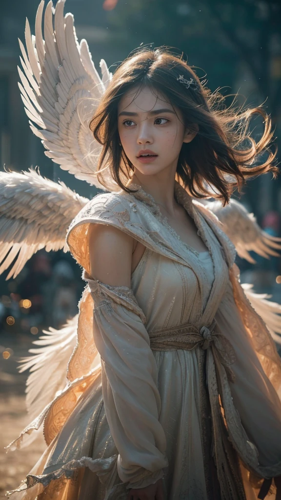 A photorealistic portrait of an avenging angel, their face etched with righteous fury and unwavering determination. Their eyes burn with a fiery intensity, casting a menacing glow upon their surroundings. Their wings, a majestic expanse of feathers, are spread wide, casting a shadow of impending doom. The background is a blur of ethereal light and swirling energy, creating a sense of depth and mystery. The focus is on the angel's face, their expression the focal point of the image, while the rest of the scene is rendered in a soft, dreamlike bokeh. The overall effect is one of awe and terror, a chilling reminder of the consequences of wrongdoing.