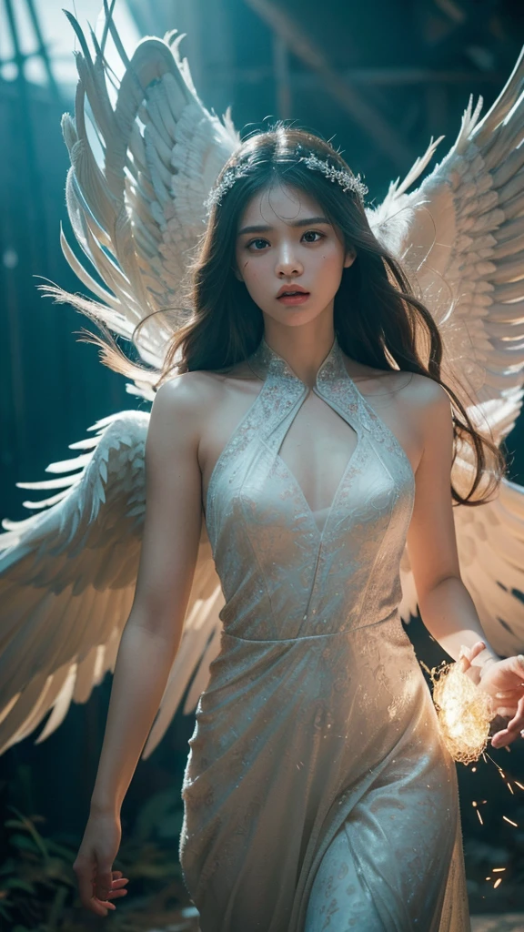 A photorealistic portrait of an avenging angel, their face etched with righteous fury and unwavering determination. Their eyes burn with a fiery intensity, casting a menacing glow upon their surroundings. Their wings, a majestic expanse of feathers, are spread wide, casting a shadow of impending doom. The background is a blur of ethereal light and swirling energy, creating a sense of depth and mystery. The focus is on the angel's face, their expression the focal point of the image, while the rest of the scene is rendered in a soft, dreamlike bokeh. The overall effect is one of awe and terror, a chilling reminder of the consequences of wrongdoing.