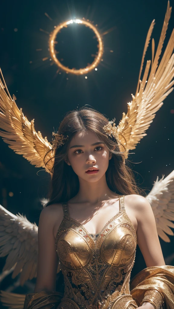 A photorealistic portrait of an avenging angel, their face etched with righteous fury and unwavering determination. Their eyes burn with a fiery intensity, casting a menacing glow upon their surroundings. Their wings, a majestic expanse of feathers, are spread wide, casting a shadow of impending doom. The background is a blur of ethereal light and swirling energy, creating a sense of depth and mystery. The focus is on the angel's face, their expression the focal point of the image, while the rest of the scene is rendered in a soft, dreamlike bokeh. The overall effect is one of awe and terror, a chilling reminder of the consequences of wrongdoing.