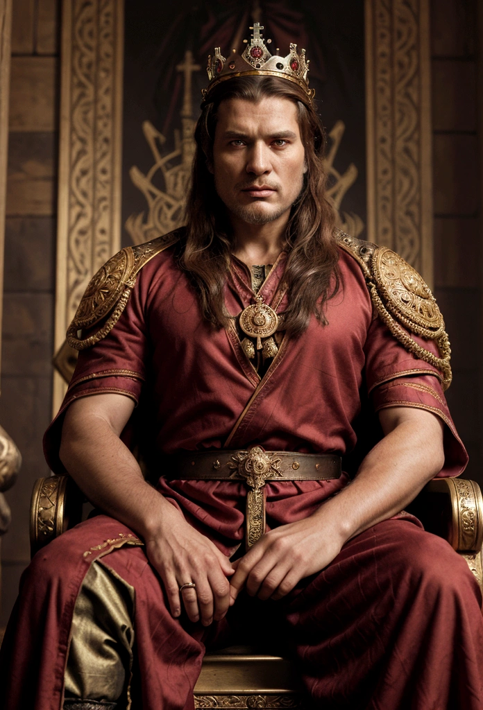 A regal figure sits on an ornate throne, wearing a crown and a fur-trimmed red robe. He has an intense expression, with his right hand resting on a sword and his left hand adorned with a ring. The attire is detailed with metallic armor and a large, elaborate medallion hangs around his neck. The background is dark, emphasizing the richness of his clothing and the ornate details of the throne. a painting of a man sitting on a throne with a crown on his head and, portrait of medieval old king, portrait of a medieval old king, medieval old king, king Richard the lionheart, great king of Stovokor, fantasy portrait art, epic fantasy art portrait, portrait of a king, medieval portrait, epic rpg portrait, fantasy art portrait, epic character portrait, fantasy concept art portrait, fantasy male portrait, highly detailed 8k painting, renaissance digital painting, royal portrait painting, epic portrait, medieval poster, epic game portrait. crafted image of a man in a red robe and a crown, the great king of Stovokor, medieval old king, portrait of a medieval old king, portrait of a medieval old king, portrait of a king, Martin ansin artwork portrait, Tuomas Korpi and wallop, portrait of the emperor of mankind, epic fantasy art portrait, by Roman Bezpalkiv.