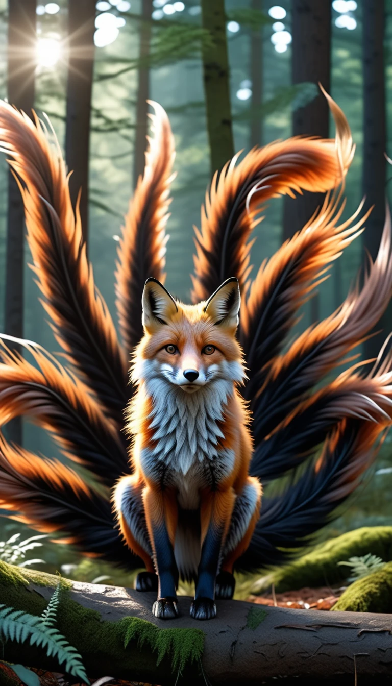 Panorama，A wild beast in the forest，Looks like a fox and has nine tails，Mysterious Creatures, shrike, (best quality，4K，8K，High level，masterpiece：1.2），Ultra Detailed，（lifelike，Photo real，Photo real：1.37），Highly detailed animals，Complex patterns，Realistic lighting，Fantasy Creatures