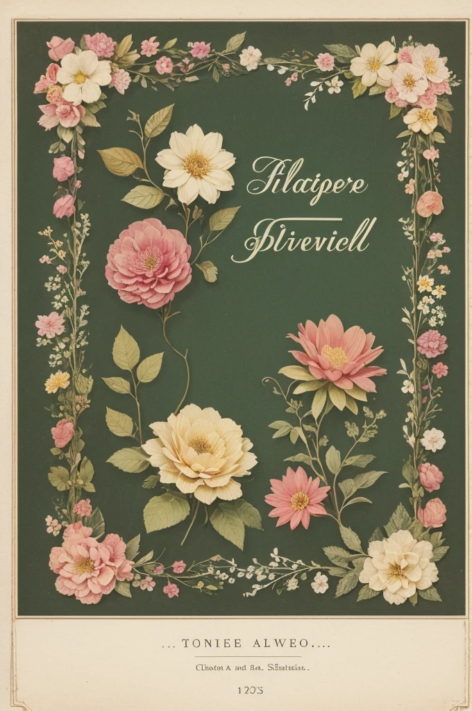 Title vintage book cover: Flowers in Gruta Autora Walls: Eloise Scheffer Capa: Sew up with various flowers on a background that resembles old paper and in vintage color tones such as green, dark pink, white and burnt yellow