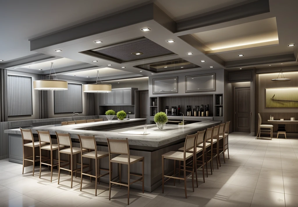 (((coffee interior design))), warm light, (((8K))), realistic, 1 bar, stools, plaster ceiling, (grey tone:1.5), archdaily.com, award-winning design
