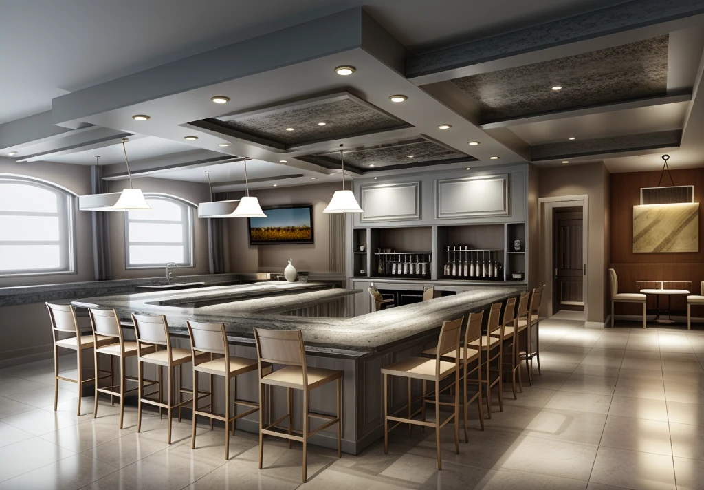 (((coffee interior design))), warm light, (((8K))), realistic, 1 bar, stools, plaster ceiling, (grey tone:1.5), archdaily.com, award-winning design