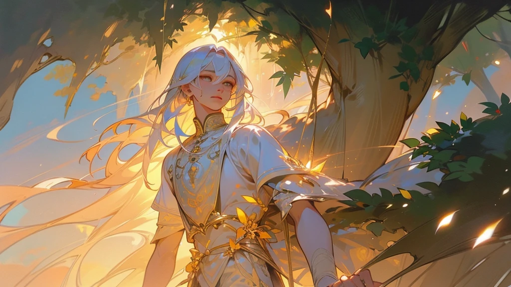(Highest quality, expensive), Uncensored, Nice boy, Sports Late, Detailed eyes, Detailed lips, Detail Makeup, Long white hair, Idyllic attire,Short pants,White lace shirt, Neutral expression, Stand in lush gardens, Blooming Flowers々Surrounded by, Sunlight pierces the tree, casting a warm glow, There was a hint of fog in the air, Add an ethereal atmosphere。(Realistic, Photorealistic),Soft light source