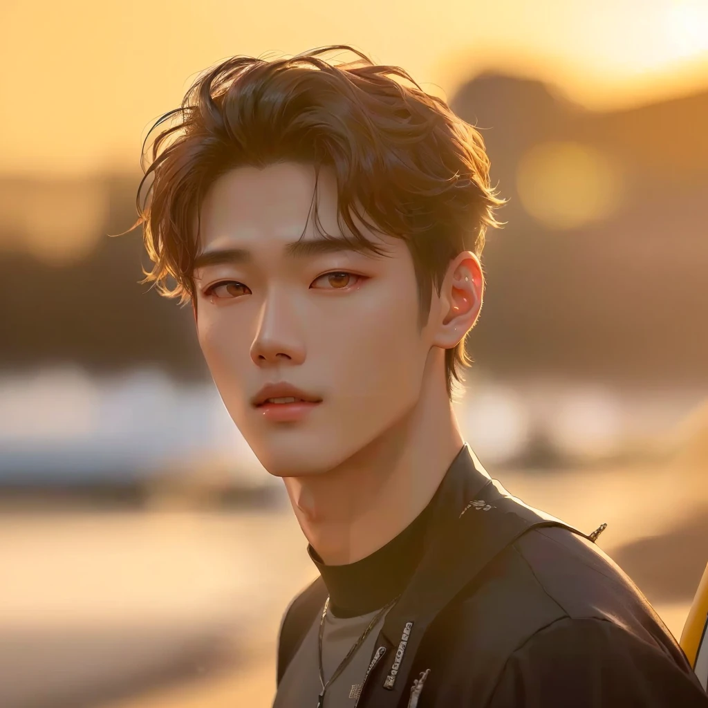 there is a man with a surfboard standing on the beach, cai xukun, jinyoung shin, yanjun chengt, taejune kim, kim doyoung, by Yang J, headshot profile picture, hyung tae, portrait of kpop idol, korean artist, south korean male, inspired by Yanjun Cheng, inspired by Zhang Han, handsome male, high detailed)