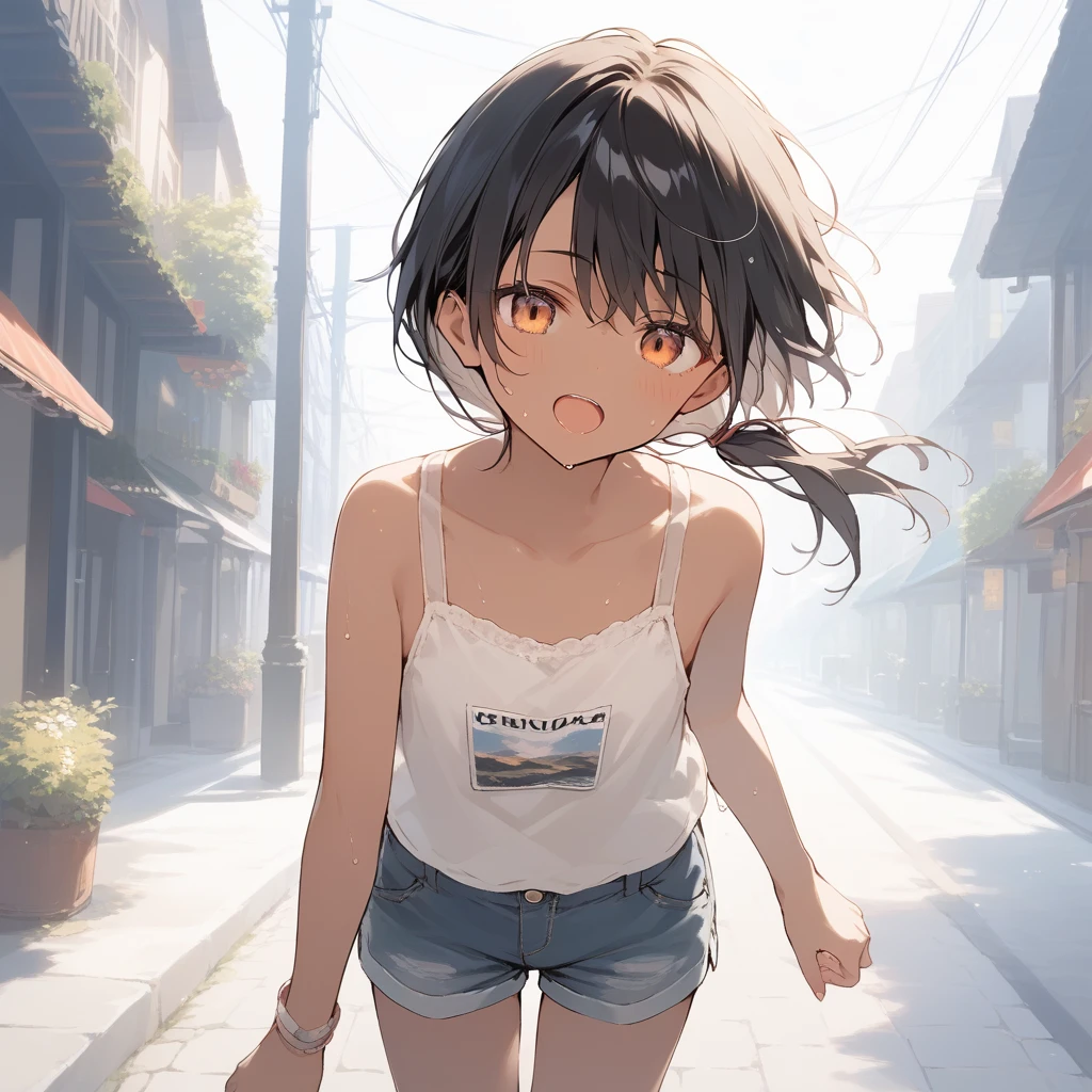score_9, score_8_up, score_7_up, source_anime, best quality, masterpiece, official art, absurdres, highres, ultra-detailed,waifu2x,Collection: Slice of Life,break,1girl, tomboy, dark-skinned female, short hair, low ponytail, flat chest, beautiful detailed eyes, short shorts, sweat, open mouth, (yawn:0.3), sleepily, outdoors, wind, break,(clear line illustration:1.2),very high resolution, very aesthetic, super detailed skin, Best sexual lighting powered by famous artist, 8k,cute picture,beauty illustration,photoshop_(medium),,(Detailed Lighting),best anime 8k konachan wallpaper, pixiv contest winner, 