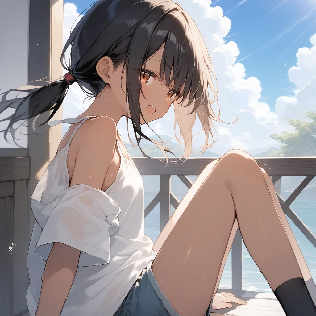 score_9, score_8_up, score_7_up, source_anime, best quality, masterpiece, official art, absurdres, highres, ultra-detailed,waifu2x,Collection: Slice of Life,break,1girl, tomboy, dark-skinned female, short hair, low ponytail, flat chest, beautiful detailed eyes, short shorts, sweat, open mouth, (yawn:0.3), sleepily, outdoors, wind, break,(clear line illustration:1.2),very high resolution, very aesthetic, super detailed skin, Best sexual lighting powered by famous artist, 8k,cute picture,beauty illustration,photoshop_(medium),,(Detailed Lighting),best anime 8k konachan wallpaper, pixiv contest winner,