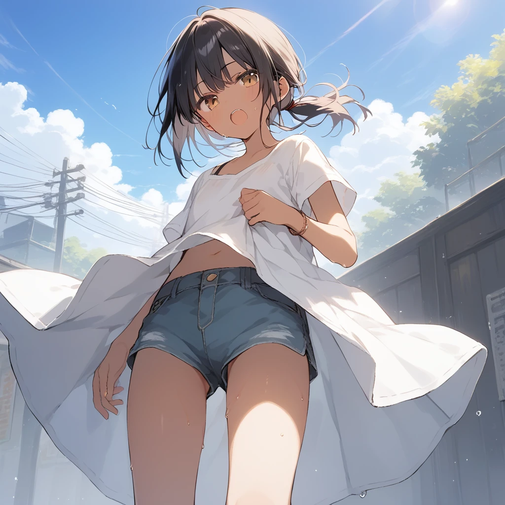 score_9, score_8_up, score_7_up, source_anime, best quality, masterpiece, official art, absurdres, highres, ultra-detailed,waifu2x,Collection: Slice of Life,break,1girl, tomboy, dark-skinned female, short hair, low ponytail, flat chest, beautiful detailed eyes, short shorts, sweat, open mouth, (yawn:0.3), sleepily, outdoors, wind, break,(clear line illustration:1.2),very high resolution, very aesthetic, super detailed skin, Best sexual lighting powered by famous artist, 8k,cute picture,beauty illustration,photoshop_(medium),,(Detailed Lighting),best anime 8k konachan wallpaper, pixiv contest winner, 