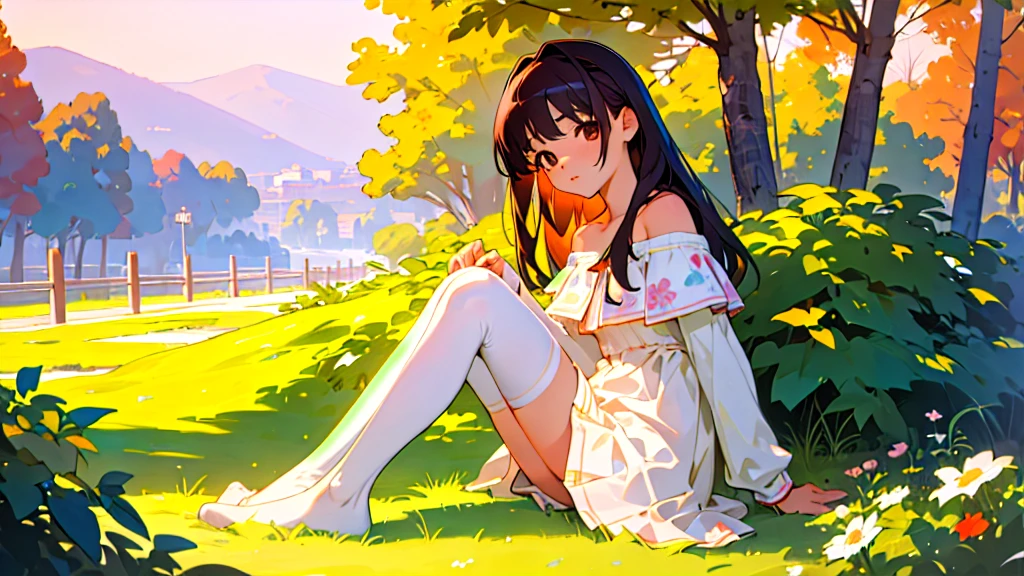 (Highest quality, masterpiece, Ultra-realistic), Beautiful and delicate１５Year-old girl portrait, With a calm and gentle expression, Model for painting、Background landscape is park at sunset、Off the shoulder、Miniskirt、White knee-highs、Absolute area、Retro feel