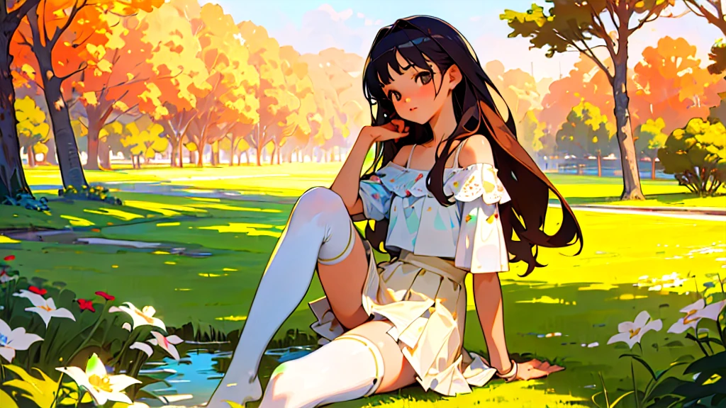 (Highest quality, masterpiece, Ultra-realistic), Beautiful and delicate１５Year-old girl portrait, With a calm and gentle expression, Model for painting、Background landscape is park at sunset、Off the shoulder、Miniskirt、White knee-highs、Absolute area、Retro feel