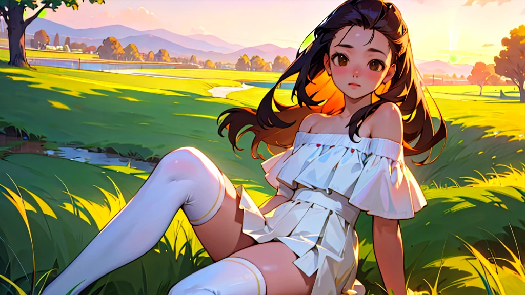 (Highest quality, masterpiece, Ultra-realistic), Beautiful and delicate15Year-old girl portrait, With a calm and gentle expression, Model for painting、Background landscape is park at sunset、Off the shoulder、Miniskirt、White knee-highs、Absolute area、Retro feel