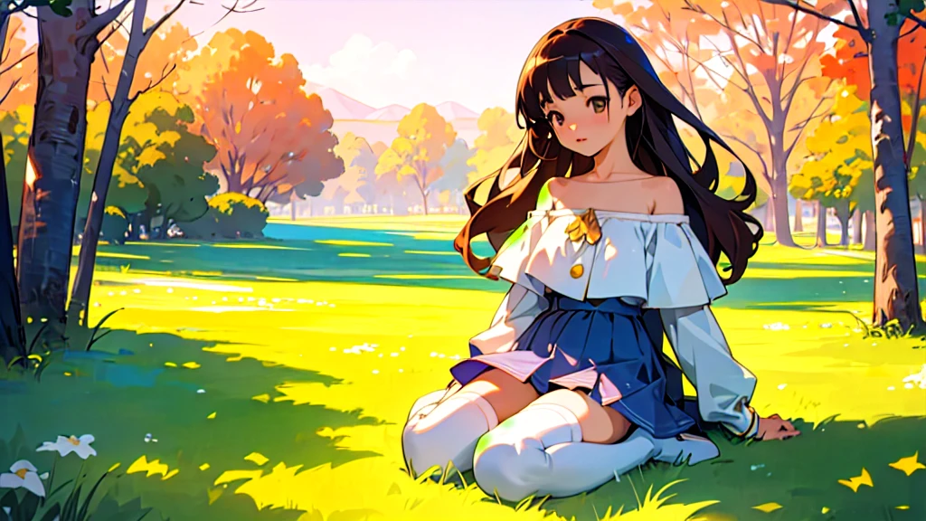(Highest quality, masterpiece, Ultra-realistic), Beautiful and delicate15Year-old girl portrait, With a calm and gentle expression, Model for painting、Background landscape is park at sunset、Off the shoulder、Miniskirt、White knee-highs、Absolute area、Retro feel