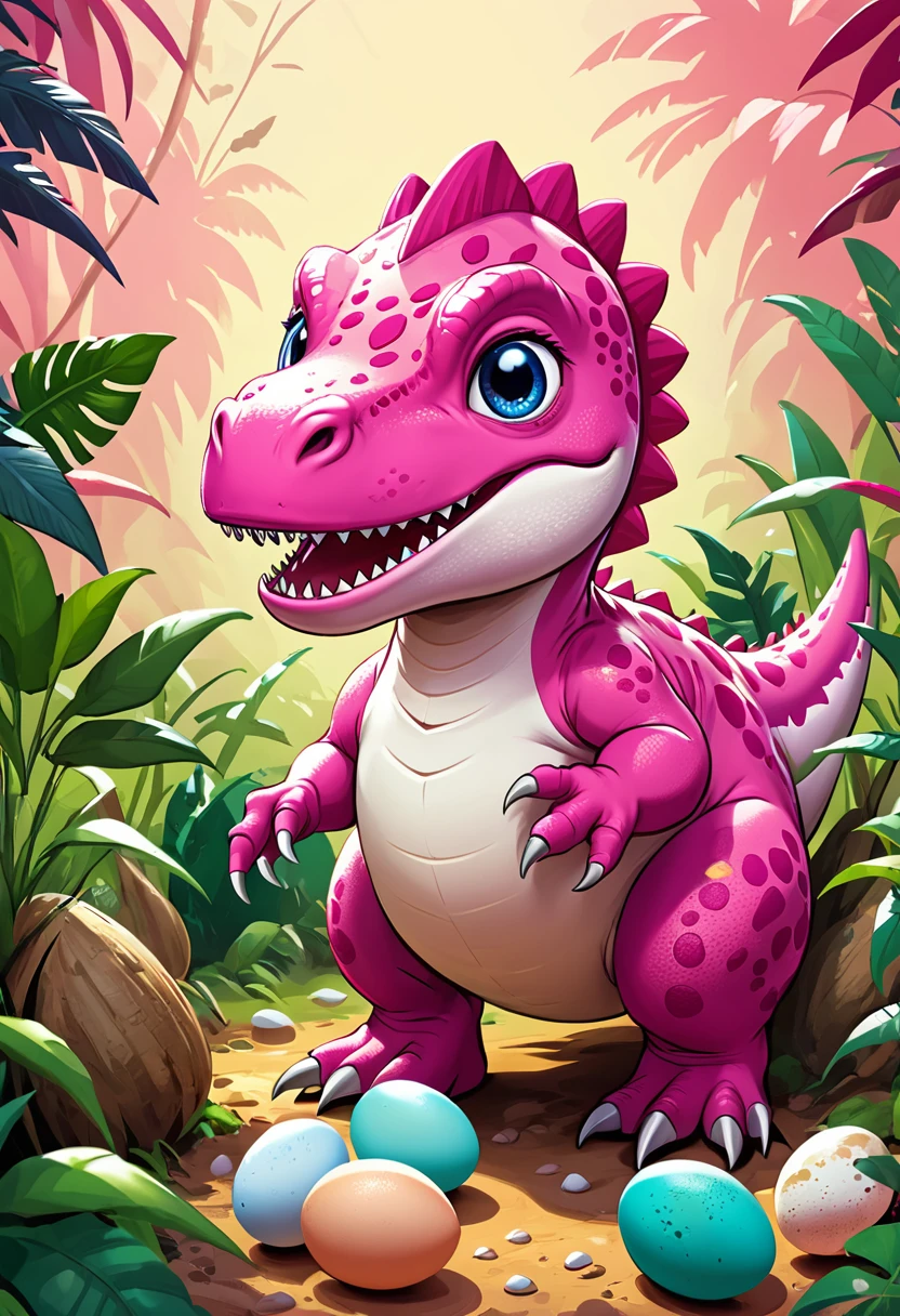 Cute pink Tyrannosaurus Rex，Dinosaur eggs in a bird&#39;s nest