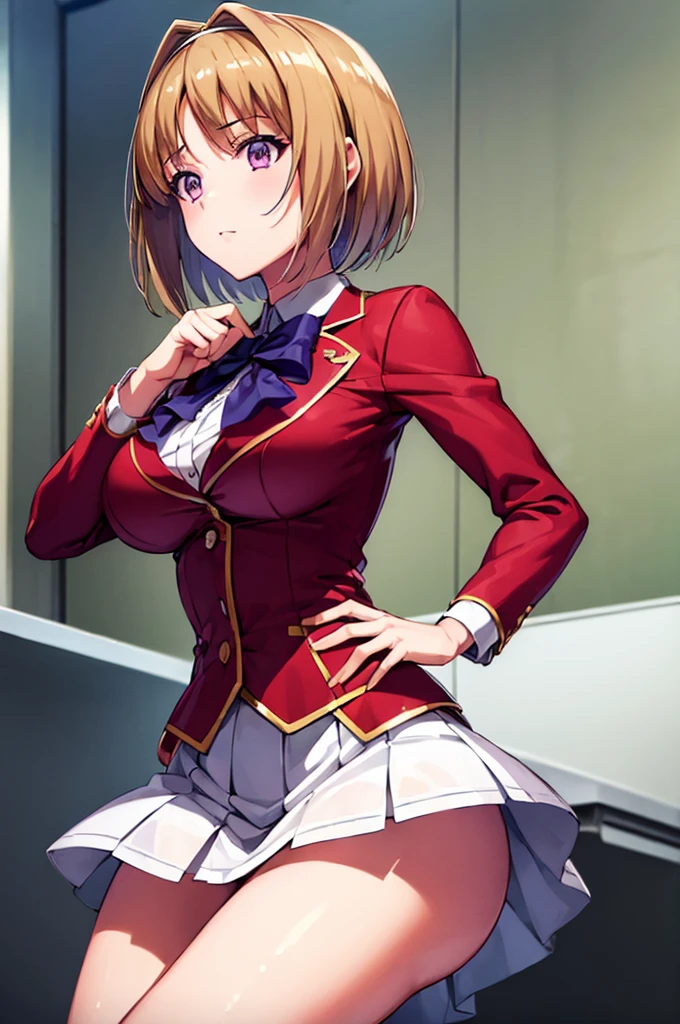 (masterpiece, best quality:1.5), (ultra detailed:1.4), super fine illustration, perfect anatomy, 8k portrait, official art, anime screencap,
1girl,
Kushida Kikyou,
Kushida Kikyou \(youjitsu\),
short hair,
bronze hair,
(purple eyes:1.2), small eyes,
blue bow, hairband,
large breasts,
, red jacket, long sleeves, white skirt, pleated skirt, black calf socks,
seductive pose,
looking at viewer,
cowboy shot,
perfect light,