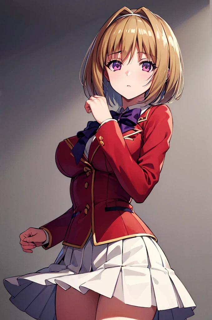 (masterpiece, best quality:1.5), (ultra detailed:1.4), super fine illustration, perfect anatomy, 8k portrait, official art, anime screencap,
1girl,
Kushida Kikyou, 
Kushida Kikyou \(youjitsu\),
short hair, 
bronze hair, 
(purple eyes:1.2), small eyes, 
blue bow, hairband, 
large breasts, 
, red jacket, long sleeves, white skirt, pleated skirt, black calf socks,
seductive pose, 
looking at viewer, 
cowboy shot, 


perfect light, 