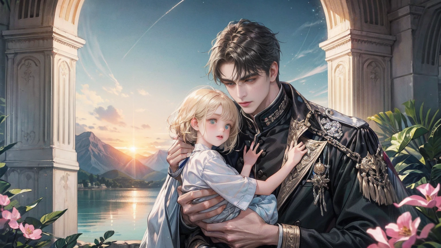 (masterpiece), (Highest quality, High resolution, Very detailed, figure), , Beautiful attention to detail, 8K, Trending on Art Station, A mountain with the moon floating in the sky, introduced on Pixiv々and lakes, 4K のVery detailedデジタルアート, Very detailed4K HD壁紙, Impressive and fantastic landscape, Sci-Fi Fantasy Desktop Wallpaper, Unreal Engine 4K Wallpaper, 4K Detailed Digital Art, Sci-Fi Fantasy Wallpapers, Epic dreamy fantasy landscape, 4K HD Matte Digital Painting, Amazing artwork in 8K "Under the clear blue summer sky, in the garden of a modern house , a young father is warmly and tightly holding up his young twin children, a boy and a girl. The father, once Constantine I, displays an expression of love and forgiveness, showing no signs of fatigue from work. The twins, once Crispus and Fausta, have innocent and radiant smiles, enveloped in a sense of security in their father's arms. In the background, the sparkling sea and the stylish modern house bathed in summer sunlight extend. Light and shadow intertwine perfectly, with the whole scene exuding a glow symbolizing purification and relationship restoration."。Also friendly and pleasant relationship、divine atmosphere、A paradise of greenery and flowers、heaven、Blessings and Blessings、Beautiful fece、brilliance、ultra-quality、Ultra-high resolution、ultra-definition、Super beautiful、masterpiece